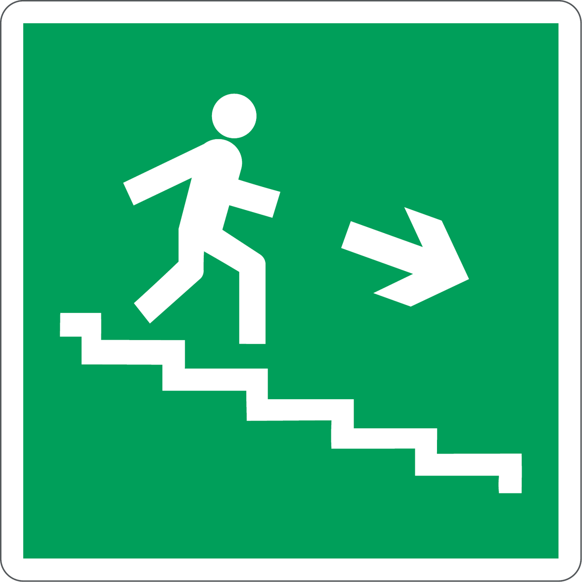 Emergency Stairs Right Sign, material Luminescent Aluminiu, dimensiune 120×120 mm