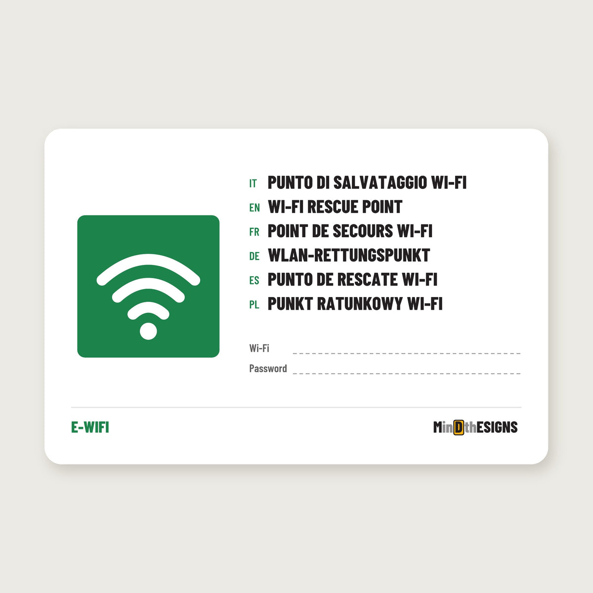 Multilingual holiday rental sign “Wi-Fi Rescue Point” in Italian, English, French, German, Spanish and Polish, green rescue-style square, aluminium 30×20 cm – MindTheSigns