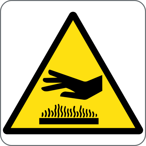 Hot Surface Hazard įspėjamasis ženklas, medžiaga: lipnus PVC, dydis: 125*125mm