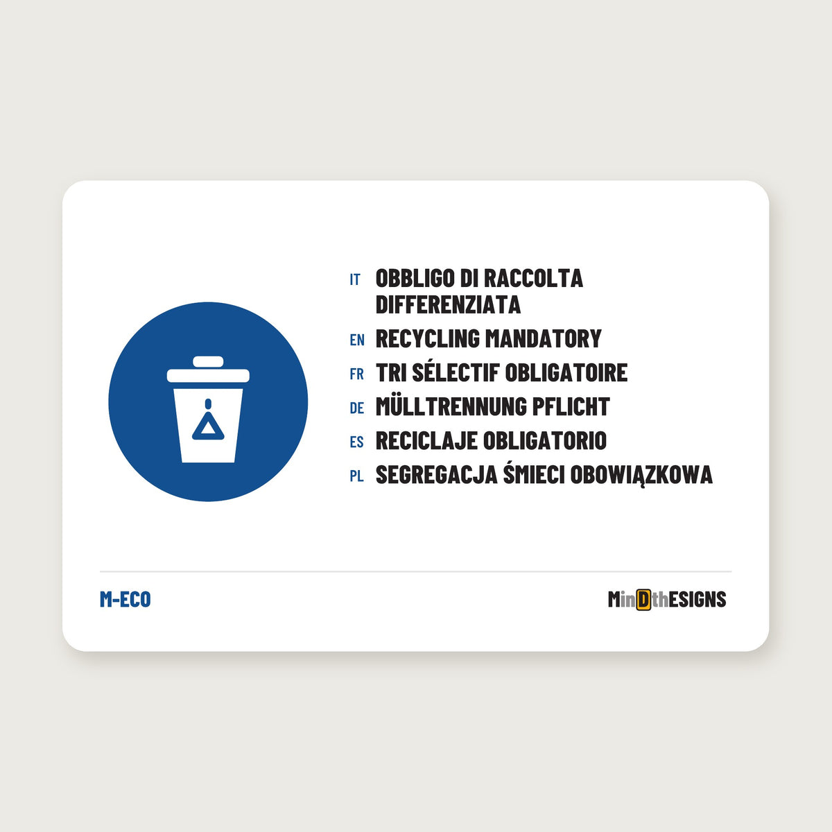 Multilingual holiday rental sign “Recycling Mandatory” in Italian, English, French, German, Spanish and Polish, blue mandatory circle, aluminium 30×20 cm – MindTheSigns